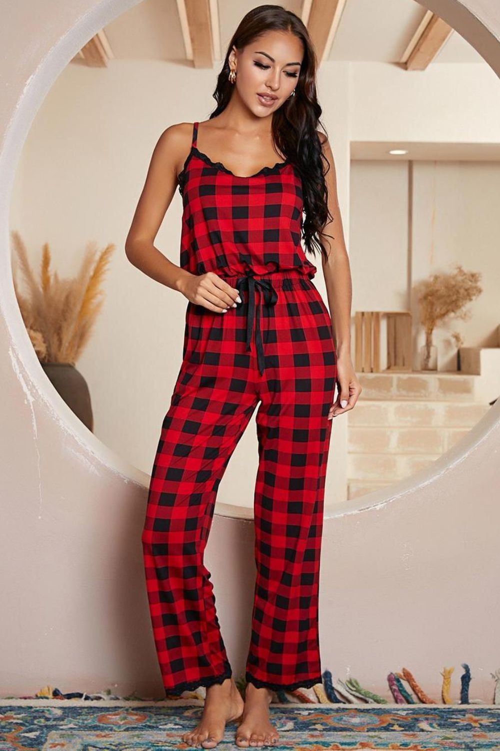 Plaid Lace Trim Spaghetti Strap Jumpsuit - Lilixa.store