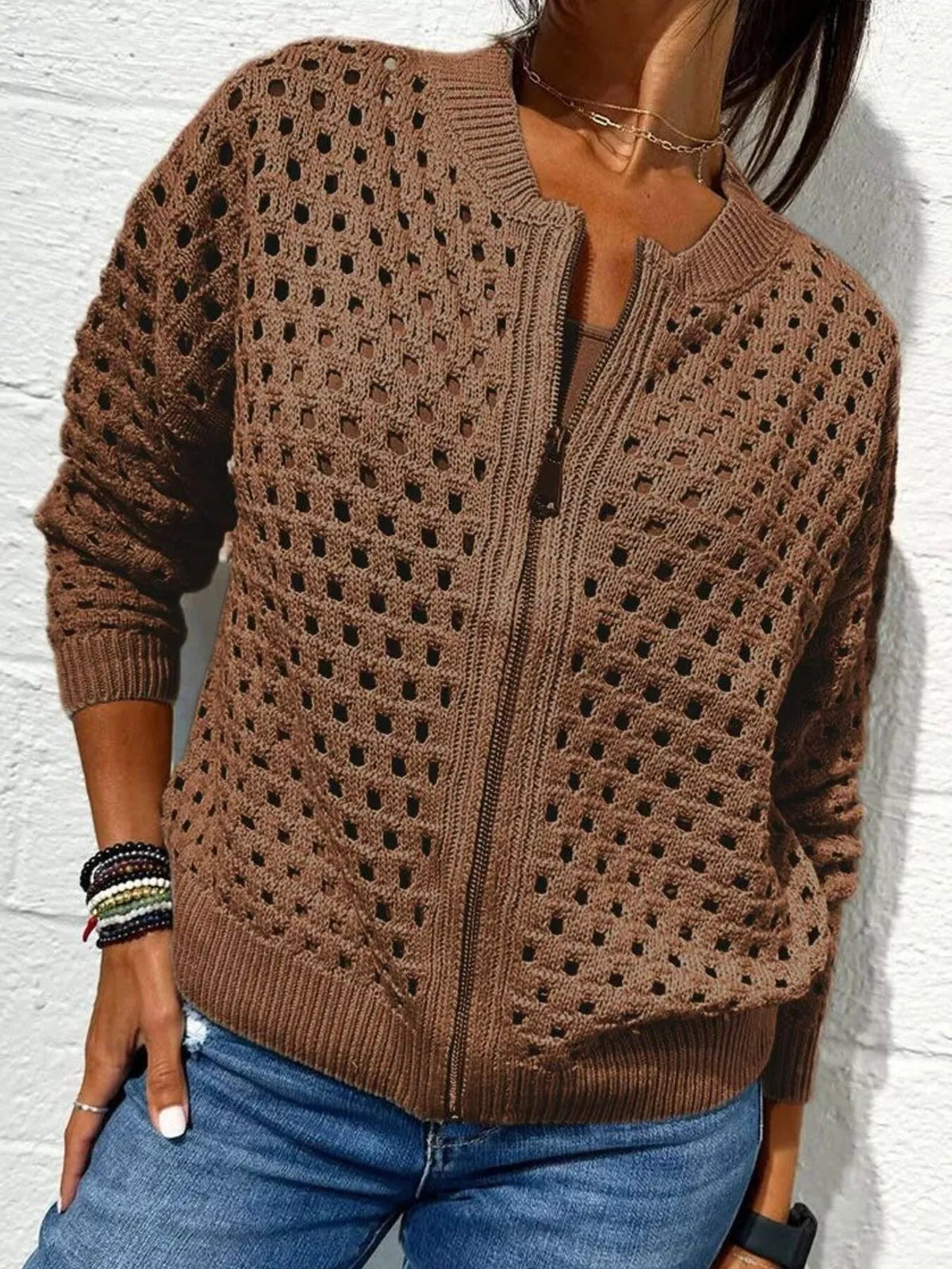 Full Size Crochet Knit Zip-Up Cardigan Plus Size - Lilixa.store