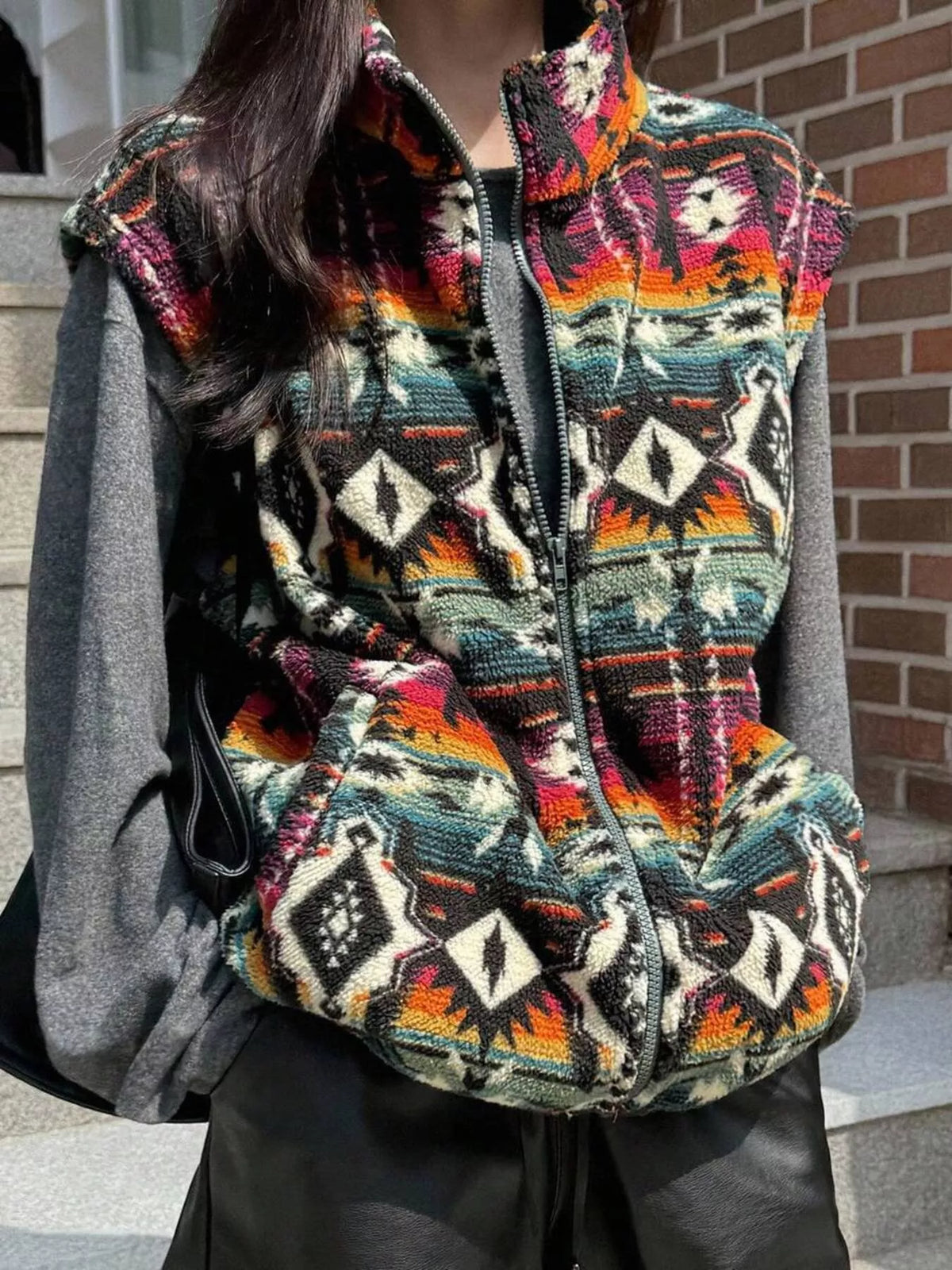 Geometric Fleece Vest Coat - Lilixa.store
