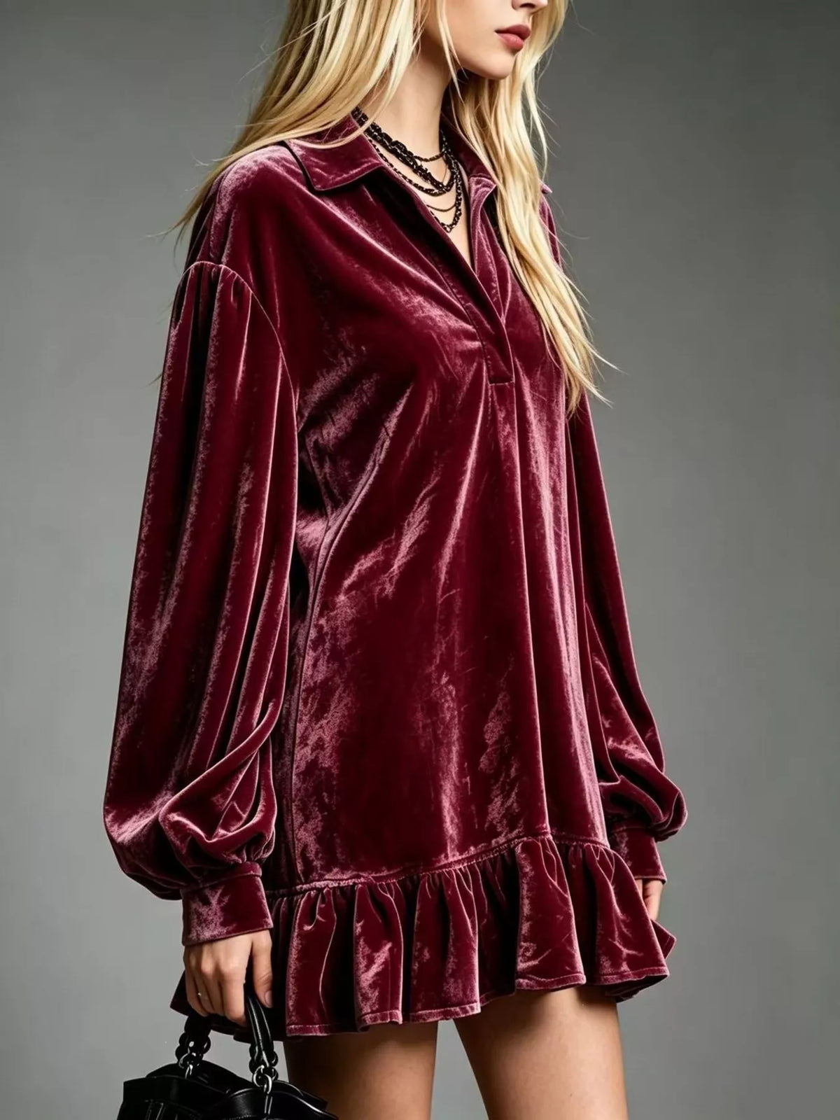 Full Size Velvet Long-Sleeve Ruffle Hem Mini Dress Plus Size - Lilixa.store