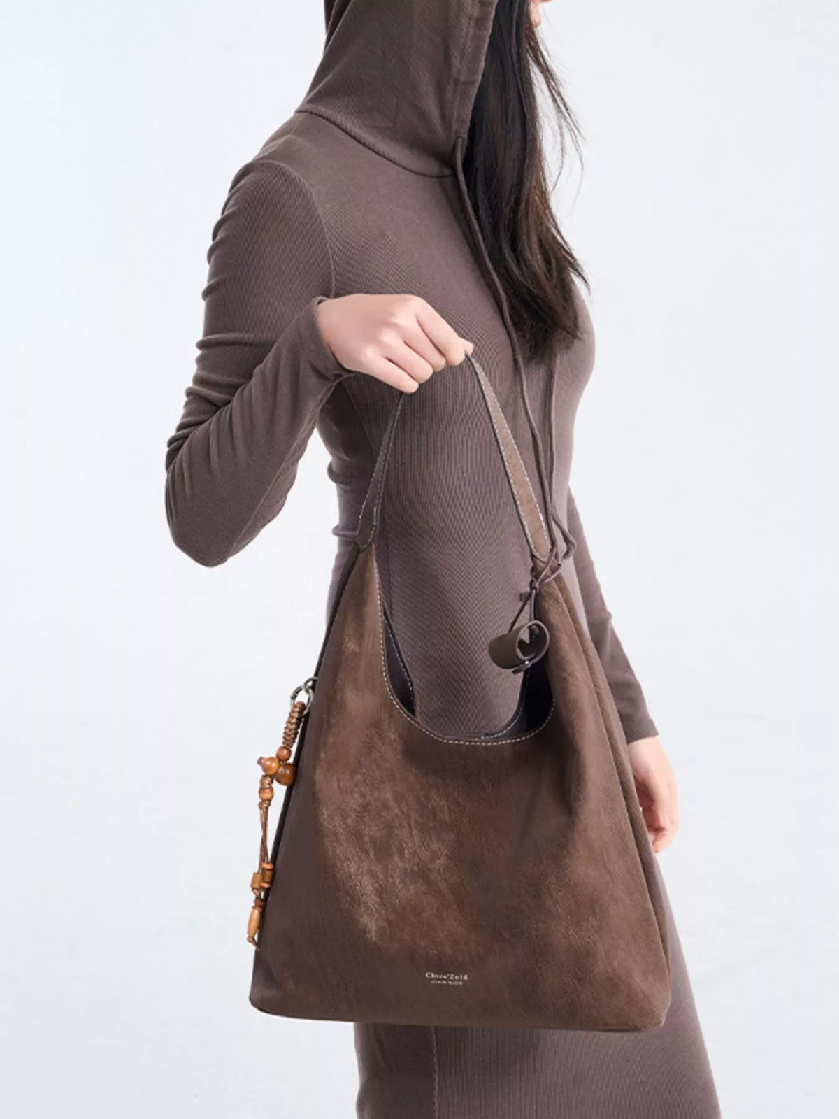 Suede Hobo Shoulder Bag with Decorative Tassel in Brown, view 2