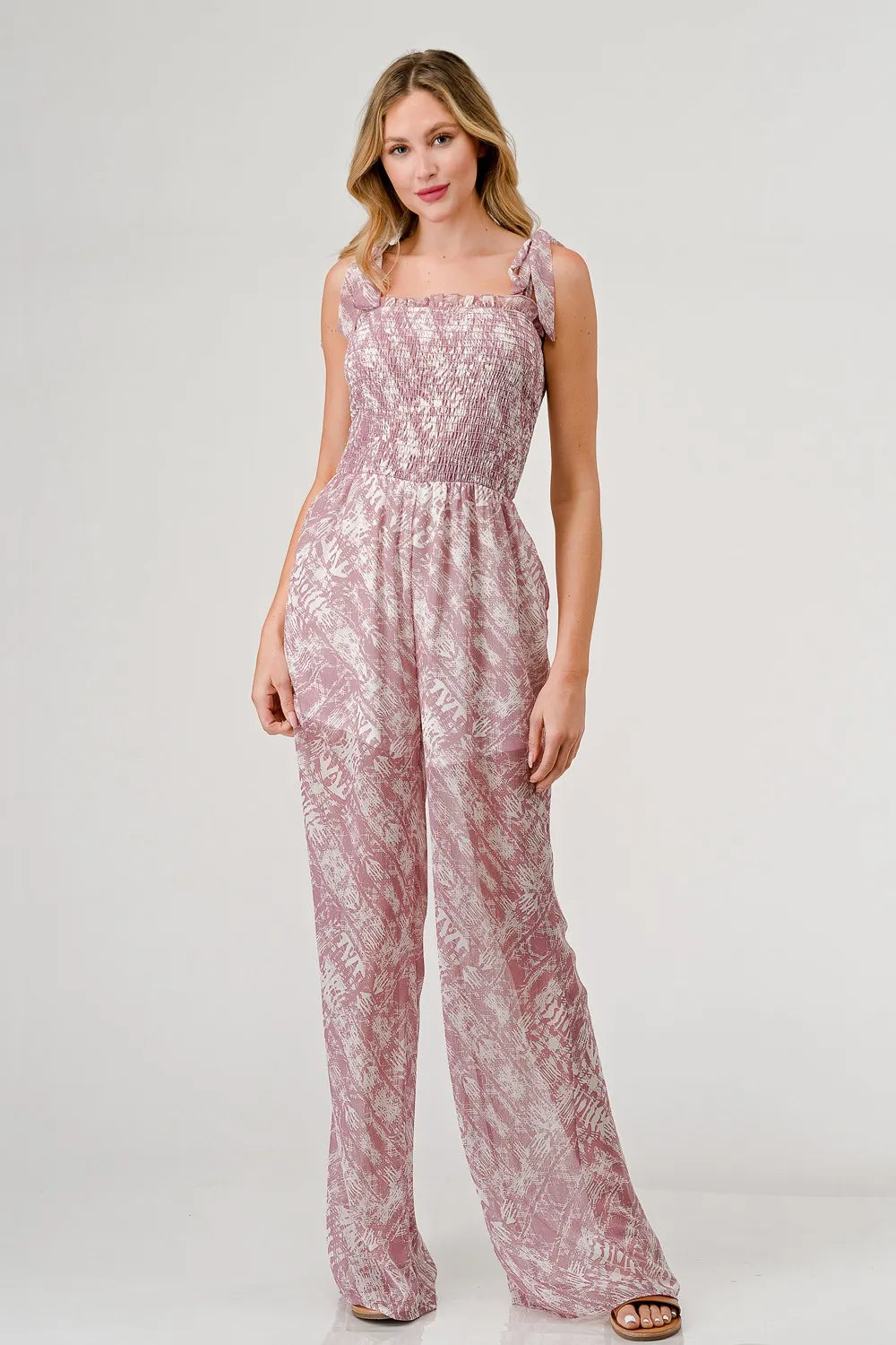 GeeGee Printed Tie Shoulder Wide Leg Jumpsuit - Lilixa.store