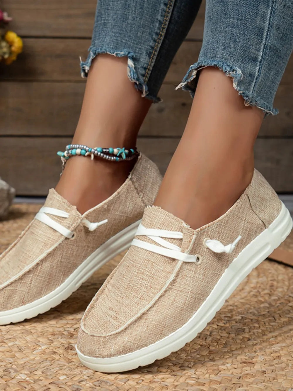 Lace Up Round Toe Slip-Ons in Tan