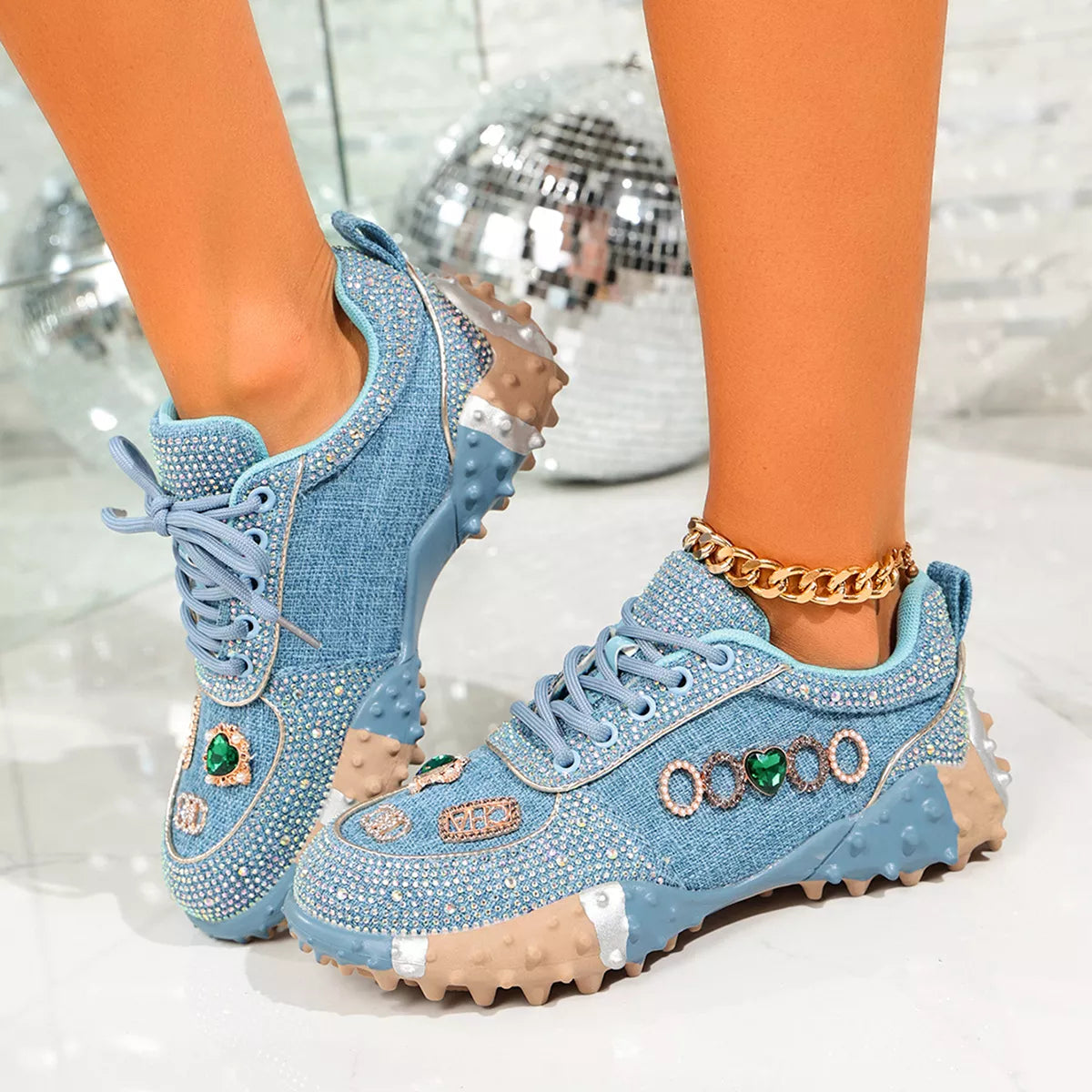 Rhinestone Round Toe Sneakers - Lilixa.store