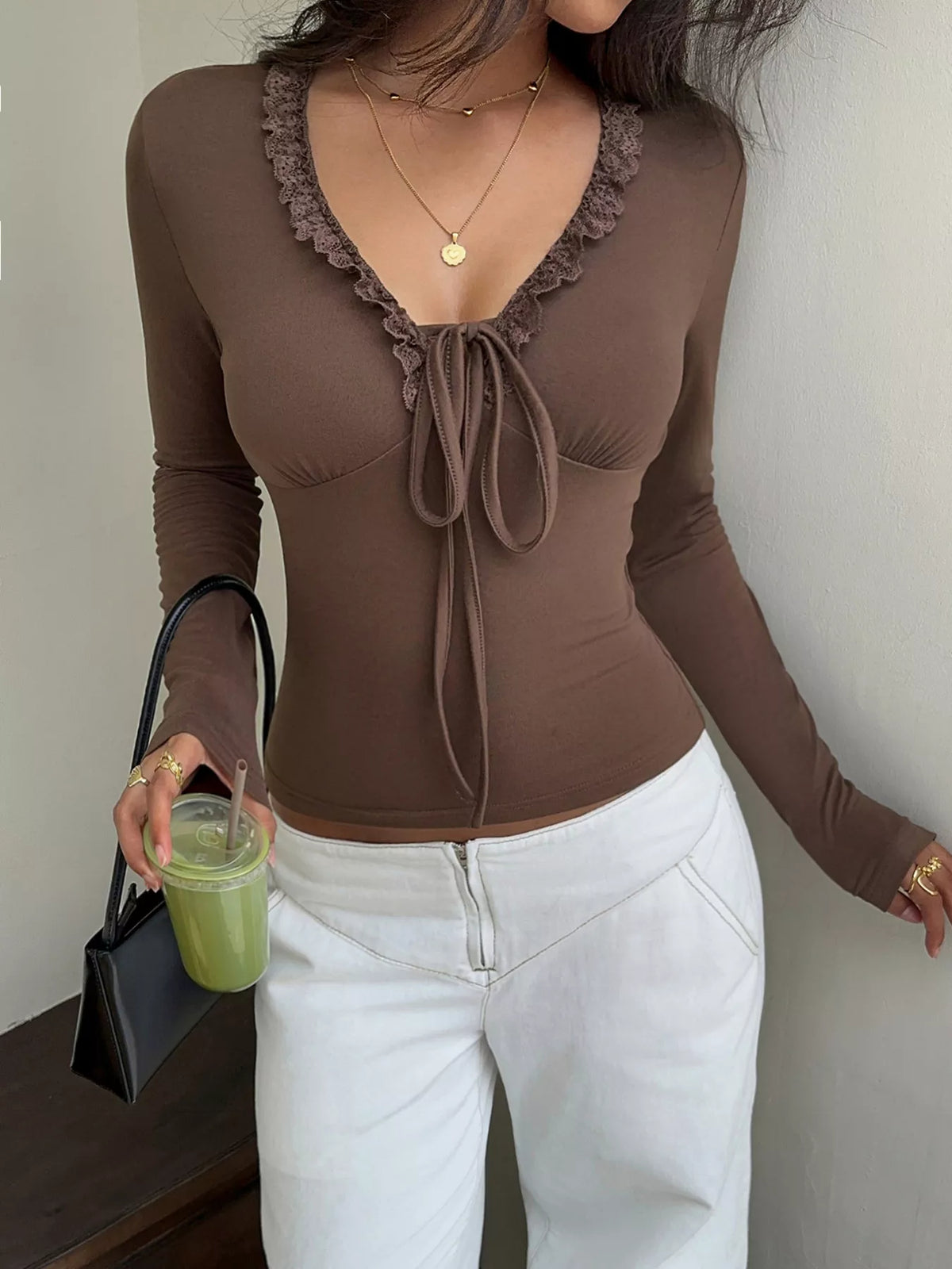 Lace-Trimmed V-Neck Long Sleeve T-Shirt - Lilixa.store