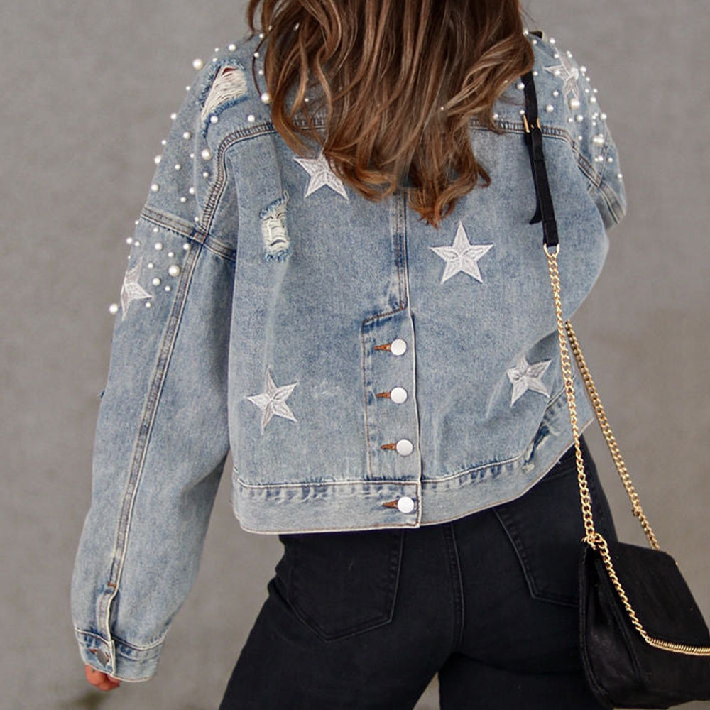 Bead Detail Denim Jacket in Black, view 2