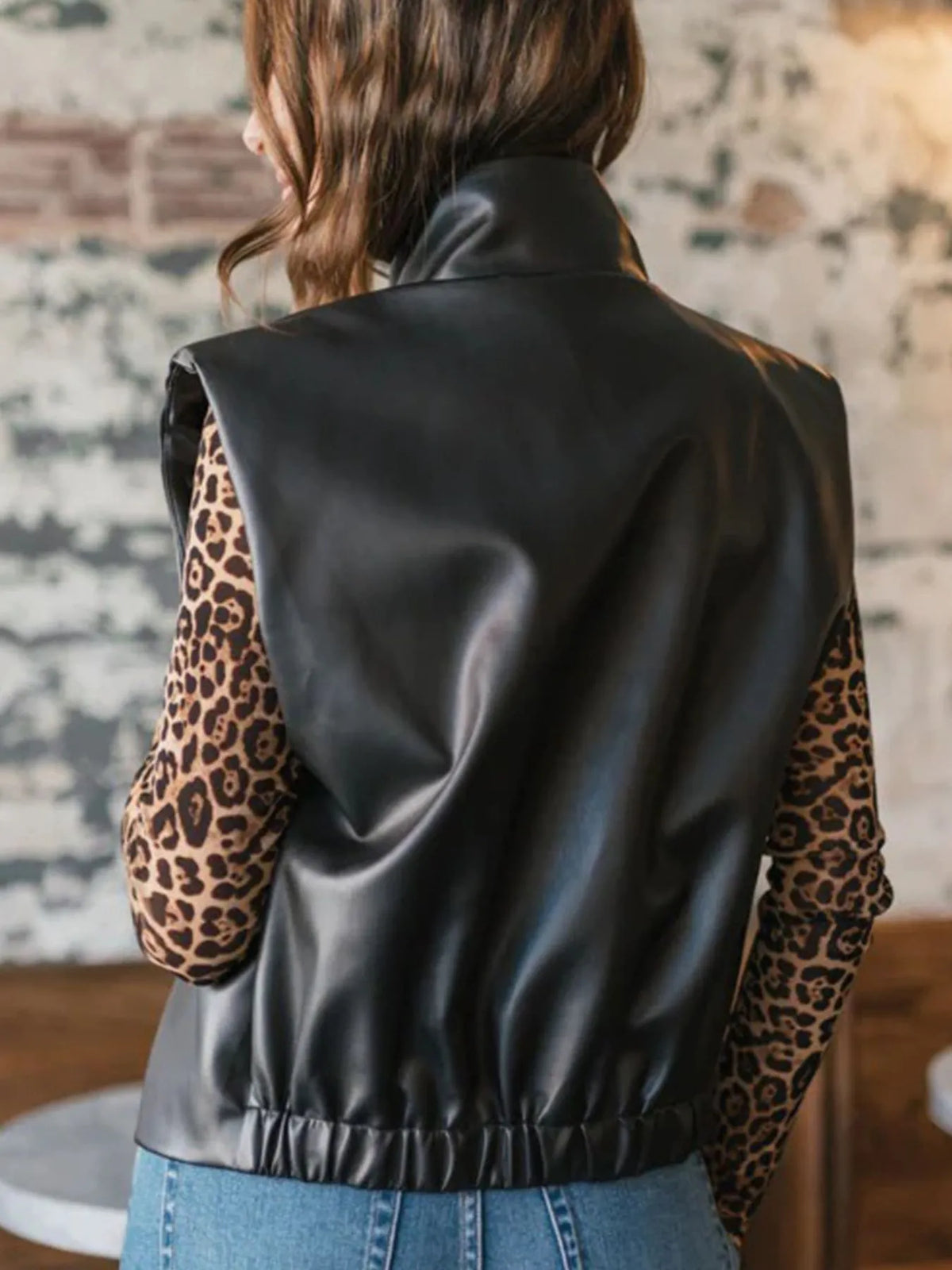 Leather Sleeveless Vest Coat with Zipper Closure in Black, view 3