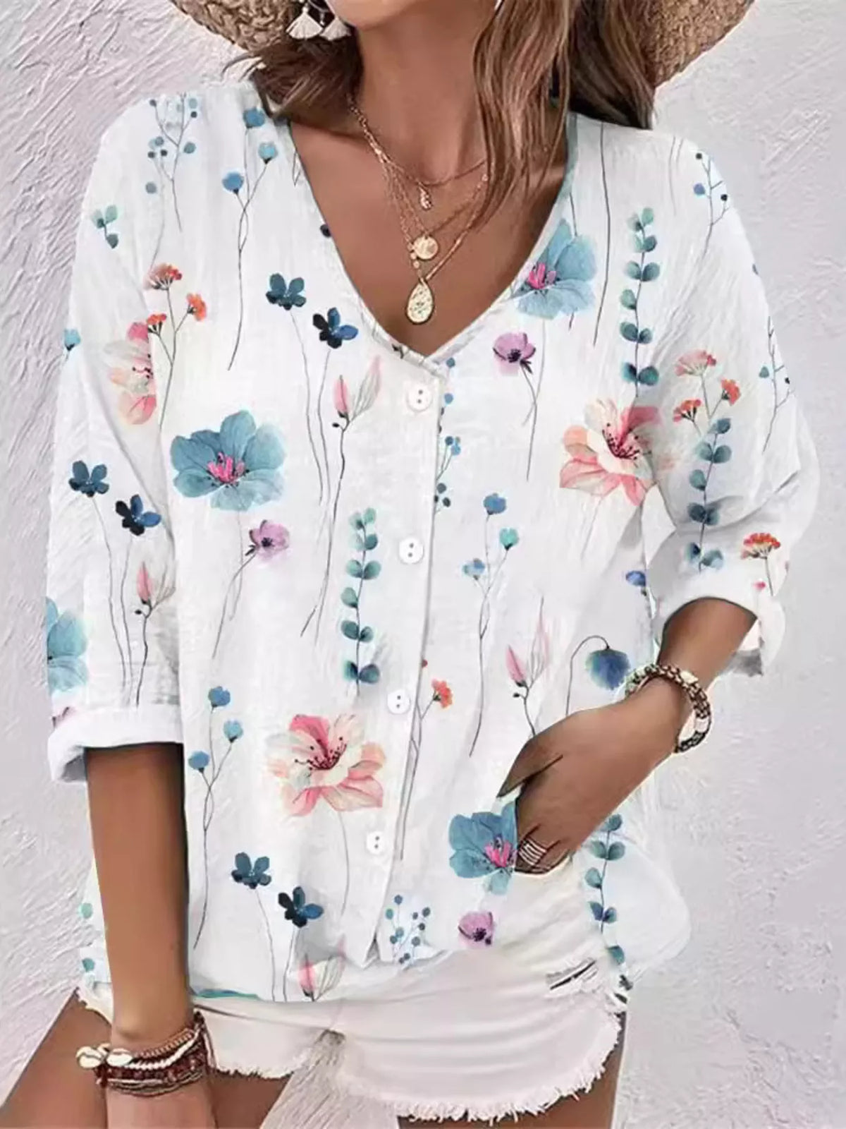 Floral Print V-Neck Button-Down Shirt - Lilixa.store