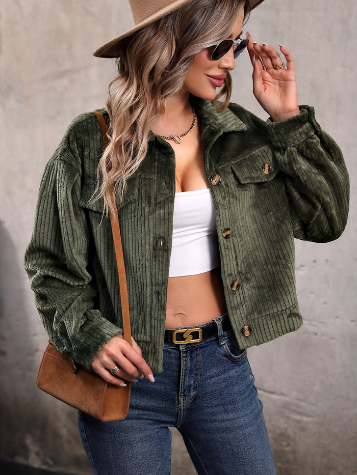 Perfee Collared Neck Button Front Jacket with Pockets in Moss