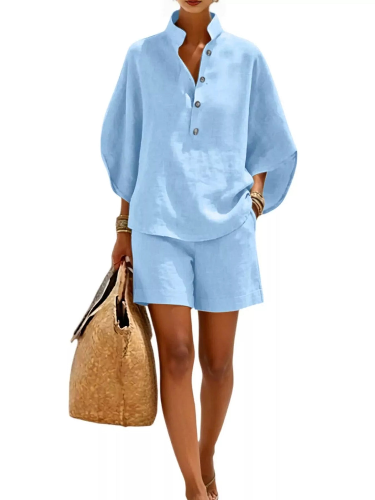 Full Size Button Detail Loose Fit Top and Shorts Set Plus Size