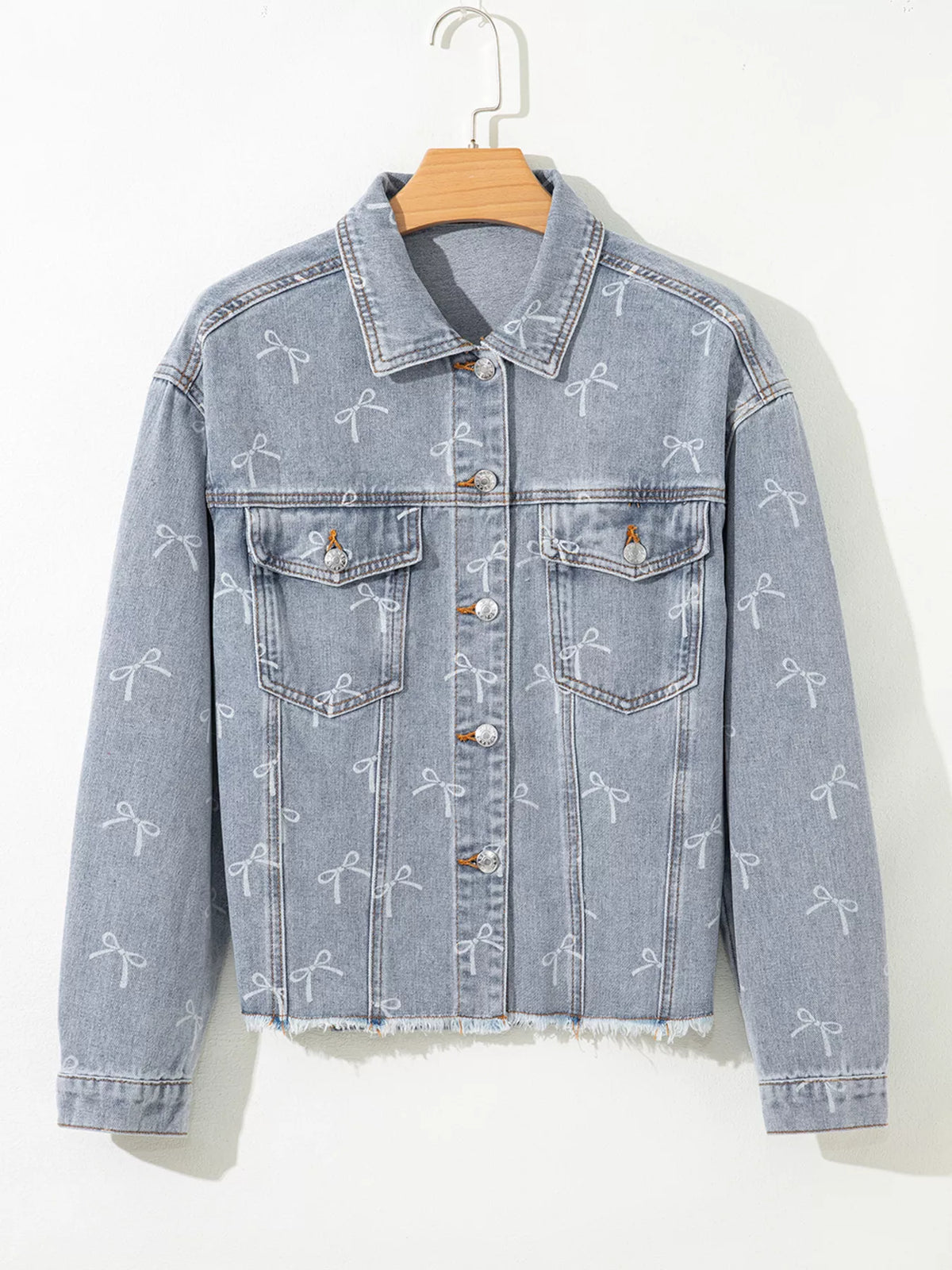 Bow Knot Print Light Wash Raw Hem Denim Jacket in Light Blue, view 6
