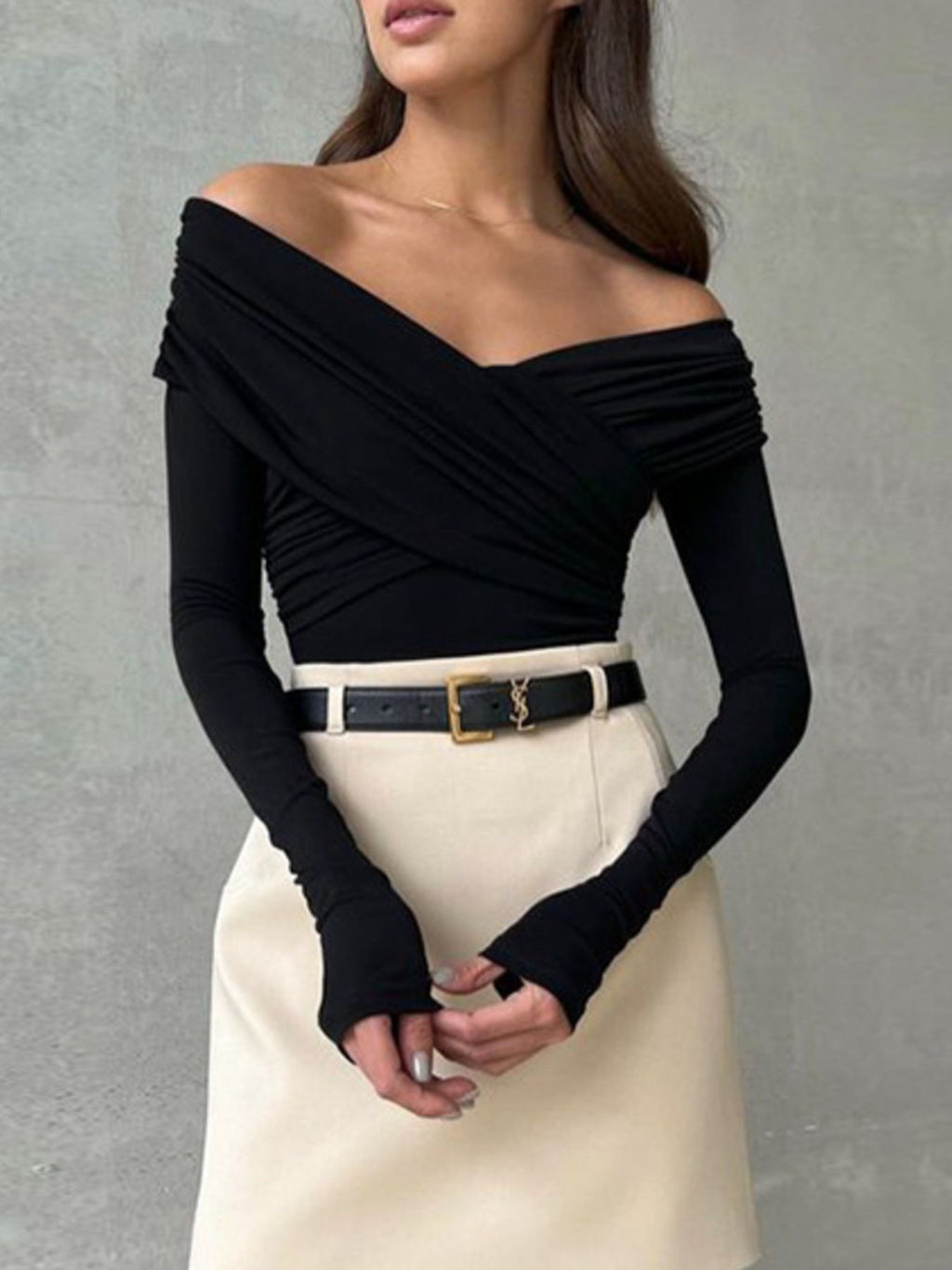 Off-Shoulder Ruched Long Sleeve Bodysuit - Lilixa.store