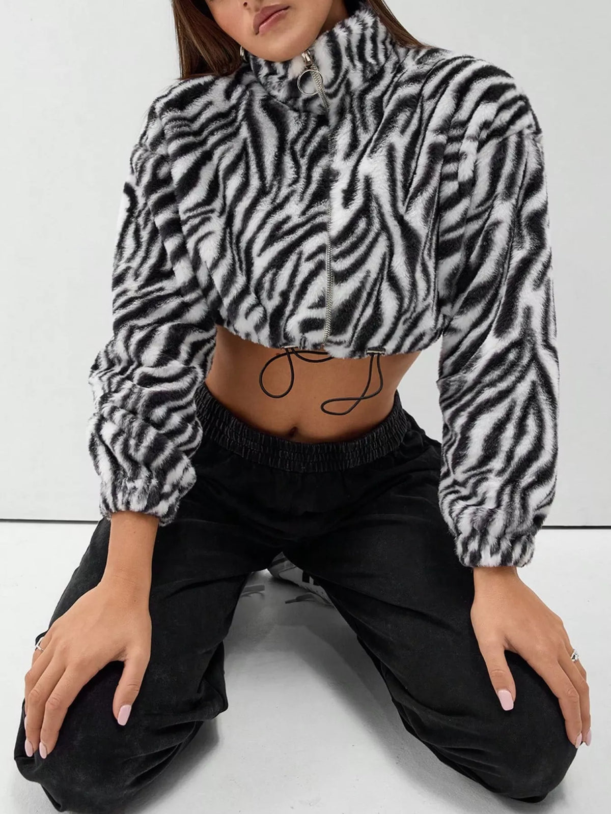 Zebra Print Plush Cropped Jacket in Black, view 2