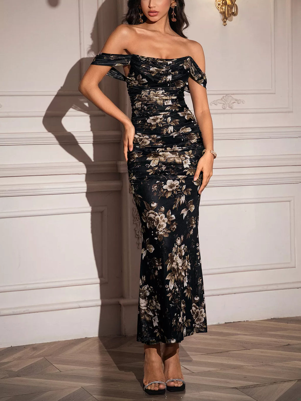 Off-Shoulder Ruched Floral Mermaid Dress - Lilixa.store