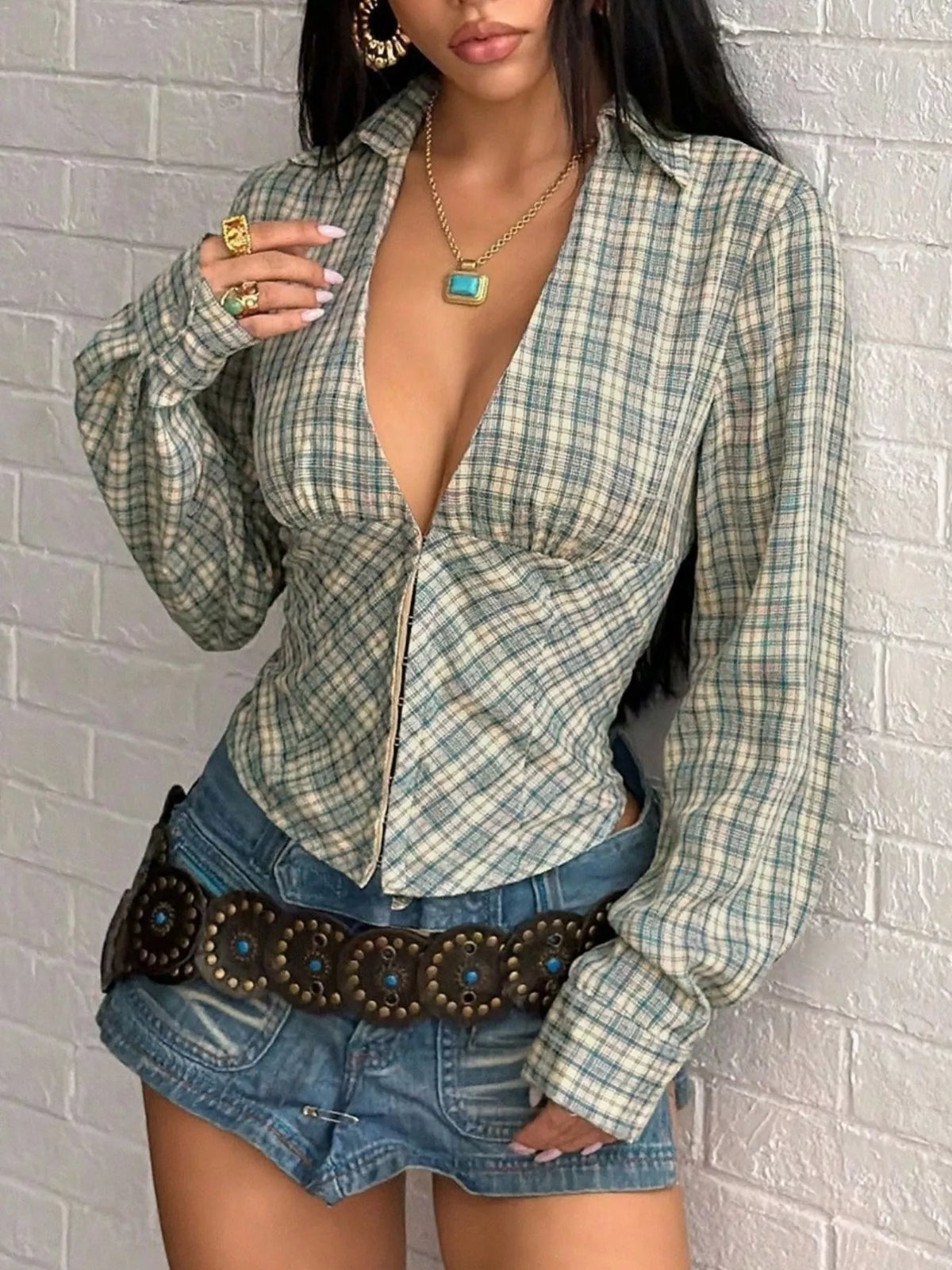 Plaid Deep V-Neck Long Sleeve Slim Fit Blouse in Blue, view 4