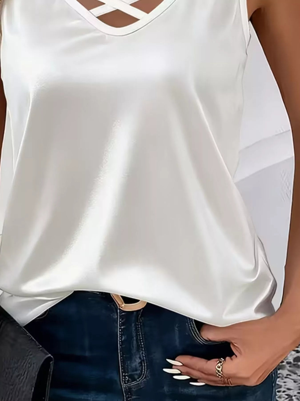 Satin V-Neck Criss-Cross Tank, view 2