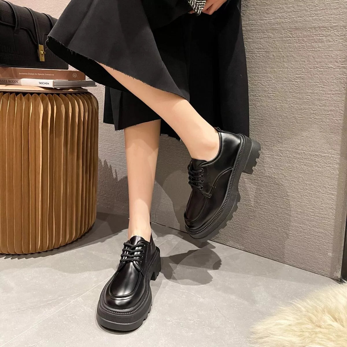 Chunky Platform Lace-Up Loafers with Glossy Finish in Black, view 2