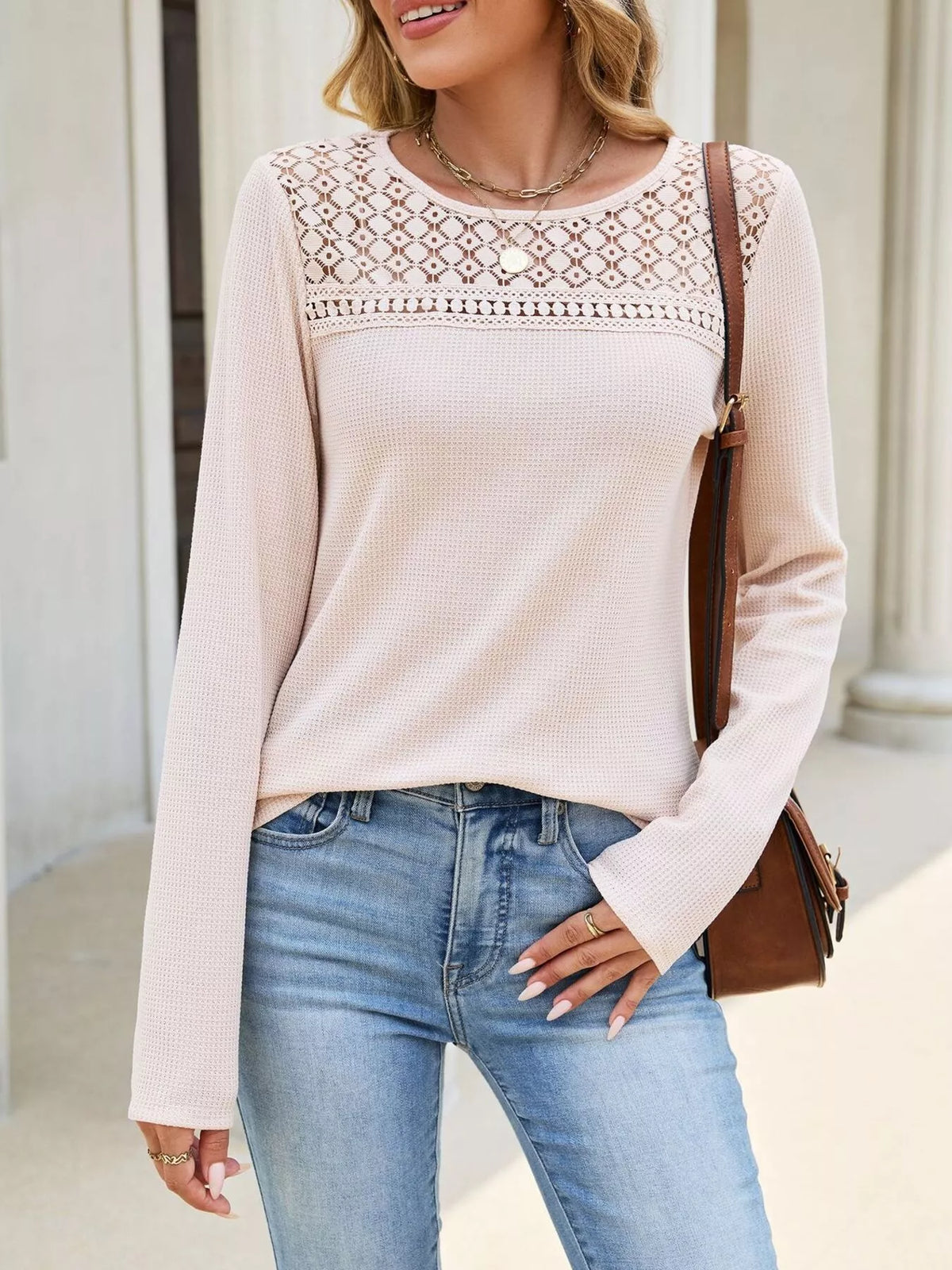 Lace Panel Waffle Knit Long Sleeve T-Shirt