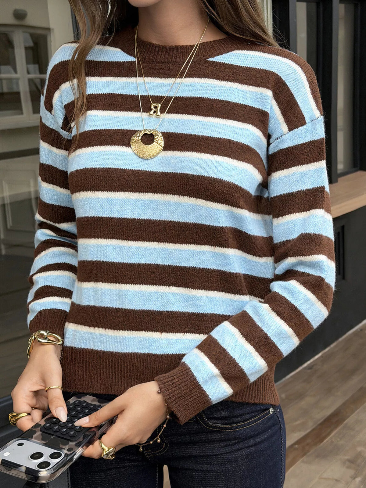 Striped Crew Neck Knit Sweater - Lilixa.store