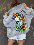 Full Size Skull Graphic Button Up Denim Jacket Plus Size - Lilixa.store