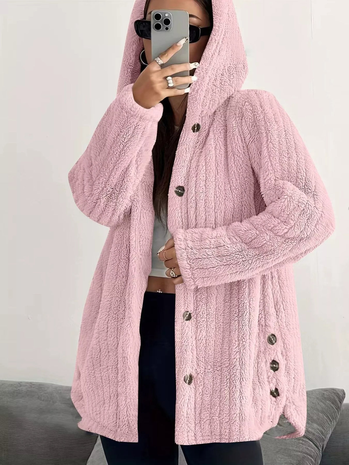 Full Size Fleece Button Up Hooded Outerwear Plus Size in Pink