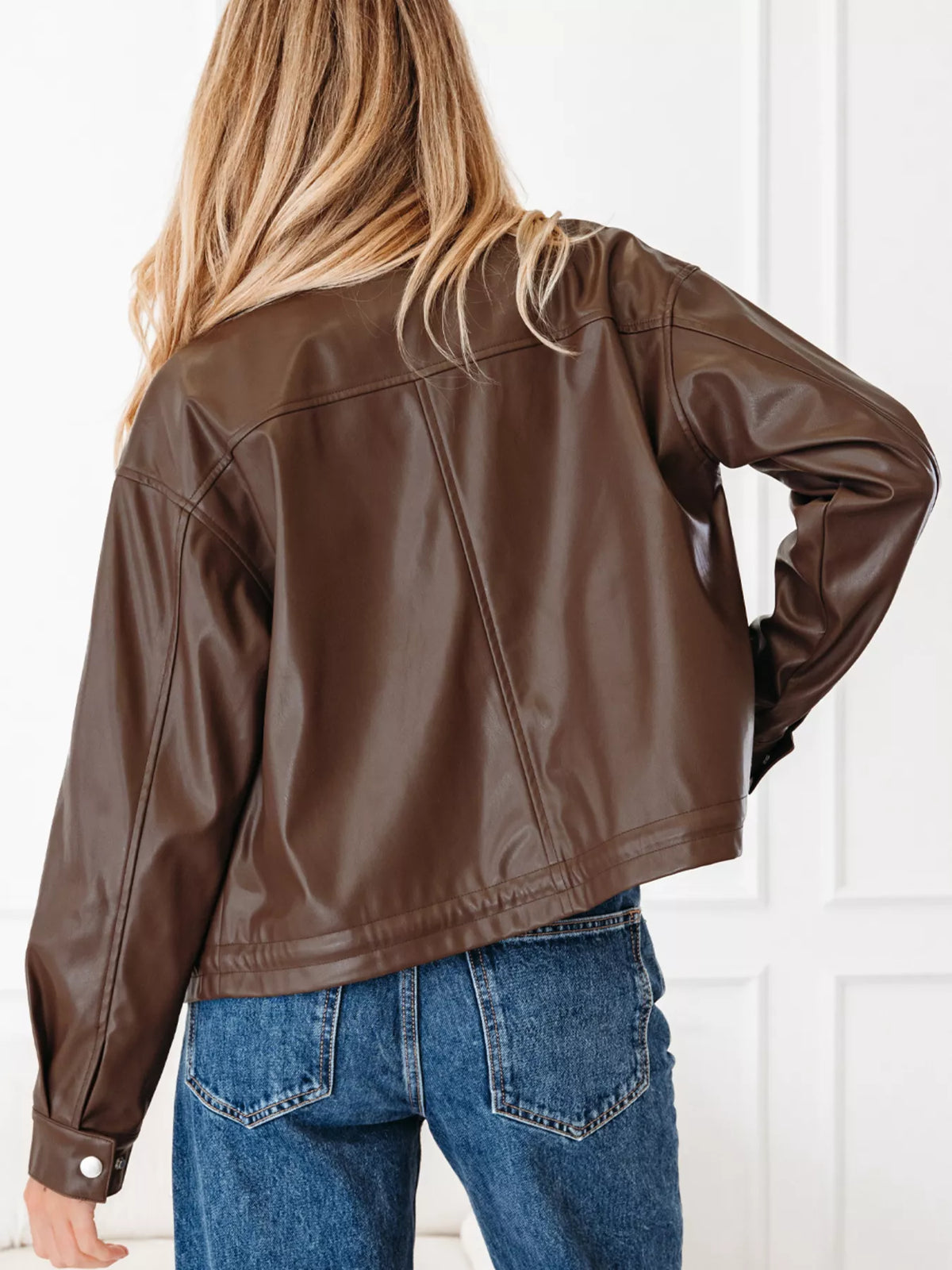 Double Flap Pocket Drawstring Hem Leather Jacket in Dark Brown, view 3