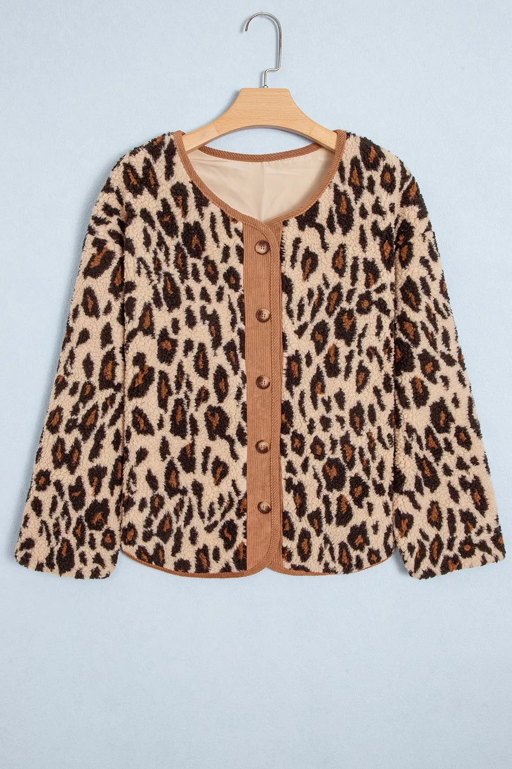Leopard Plush Corduroy Trim Long Sleeve Jacket, view 6