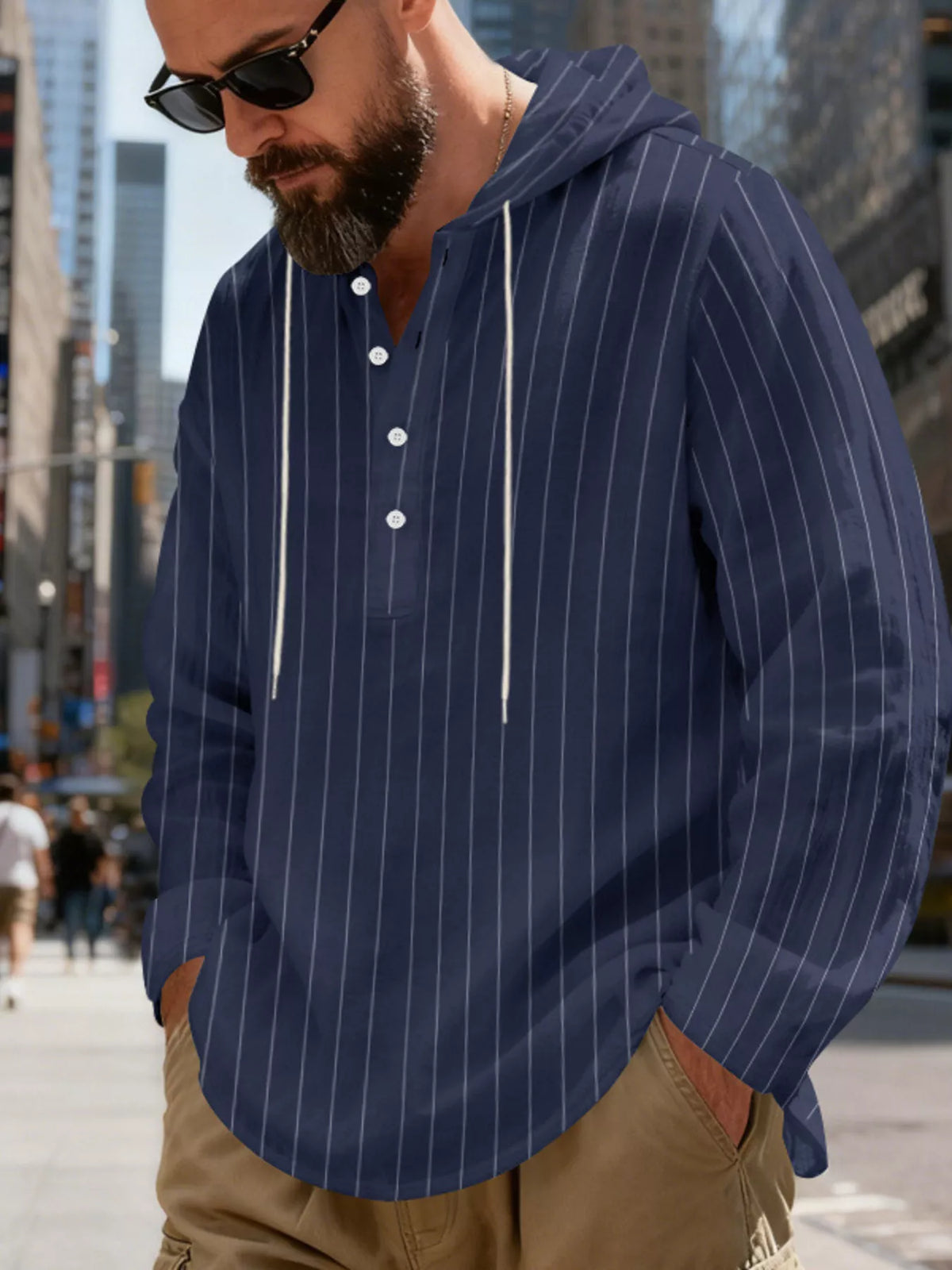 Men's Full Size Casual Striped Henley Hoodie with Drawstring Plus Size, view 15