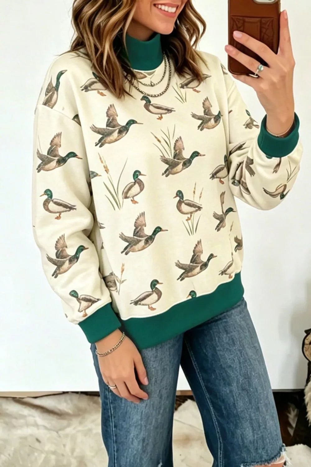 Duck Print Mock Neck Sweatshirt - Lilixa.store