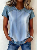 Denim Patchwork Short Sleeve Blouse - Lilixa.store