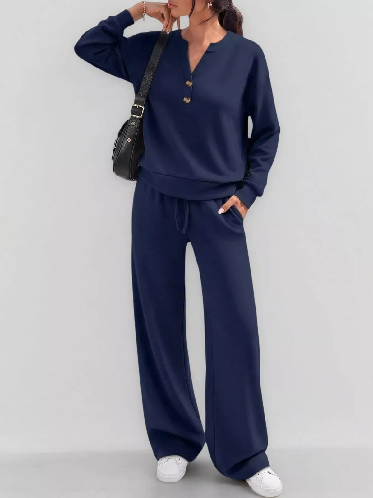 Button Detail Dropped Shoulder Top and Pants Set - Lilixa.store