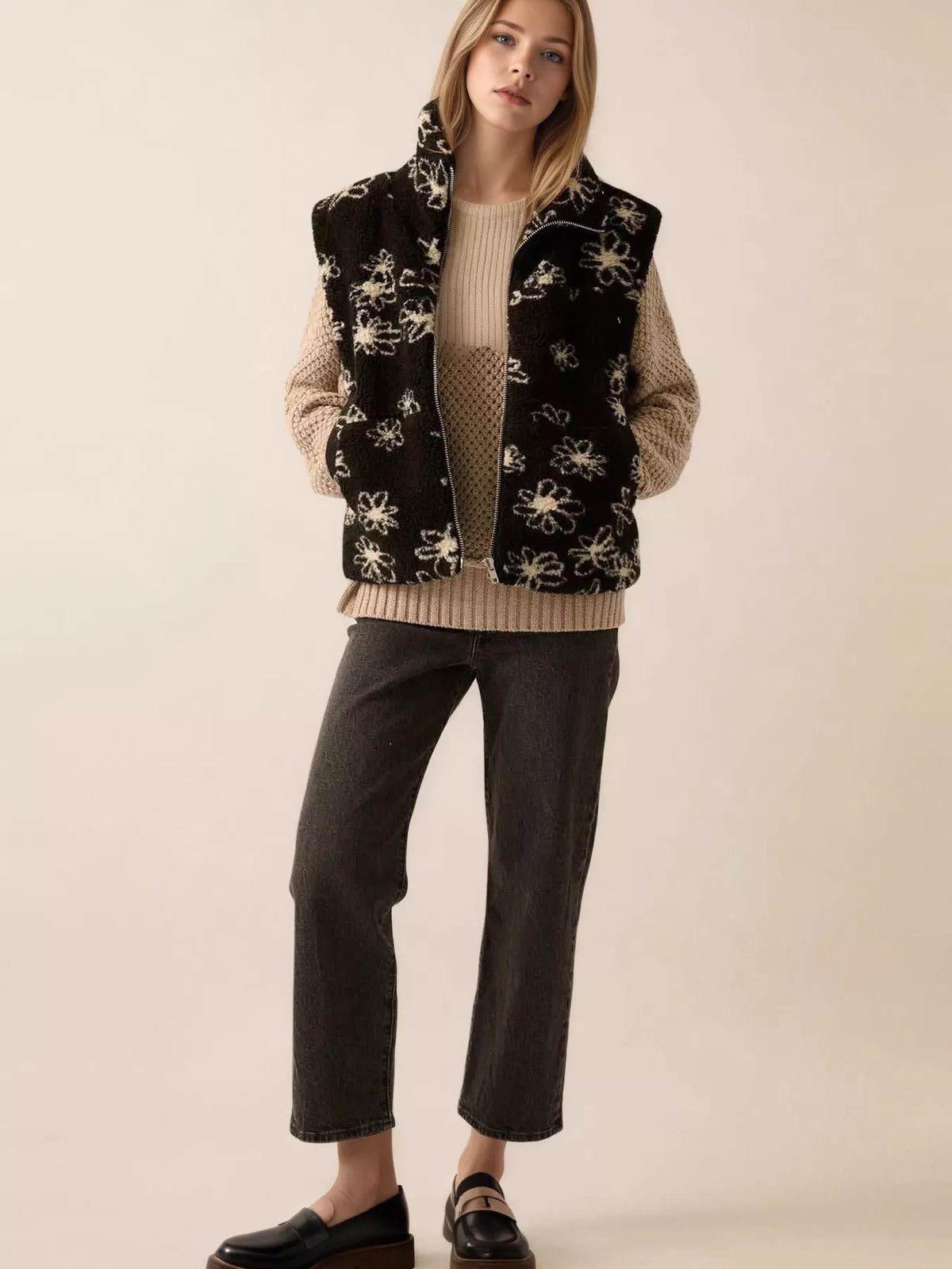 Zip Up Vest Coat with Pockets in Black, view 4