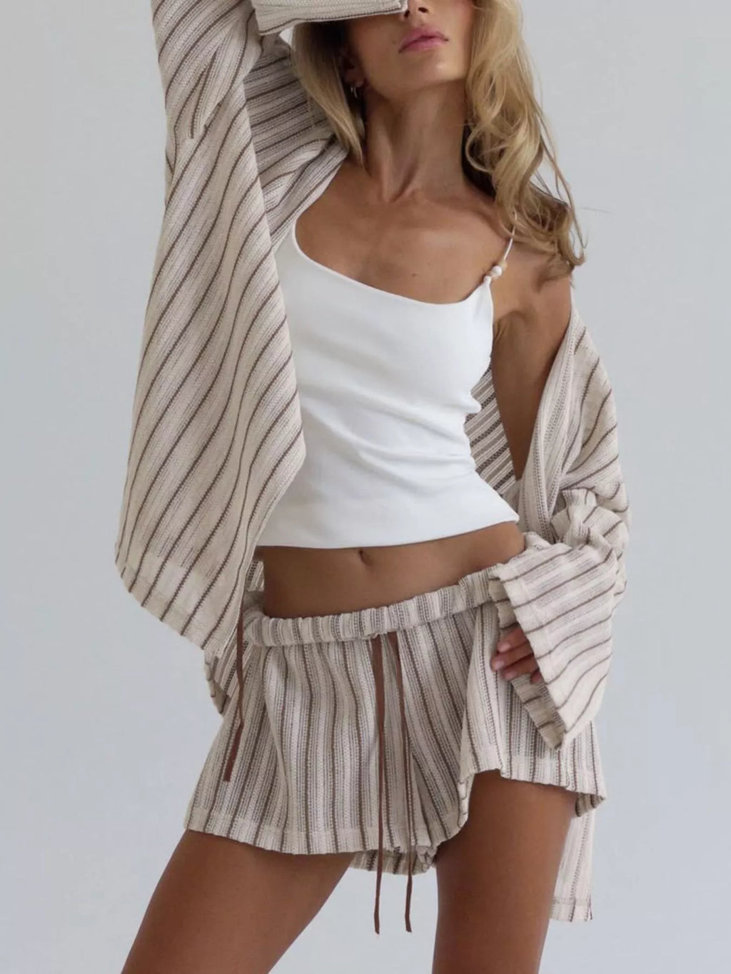Striped Tie Front Top and Shorts Lounge Set - Lilixa.store