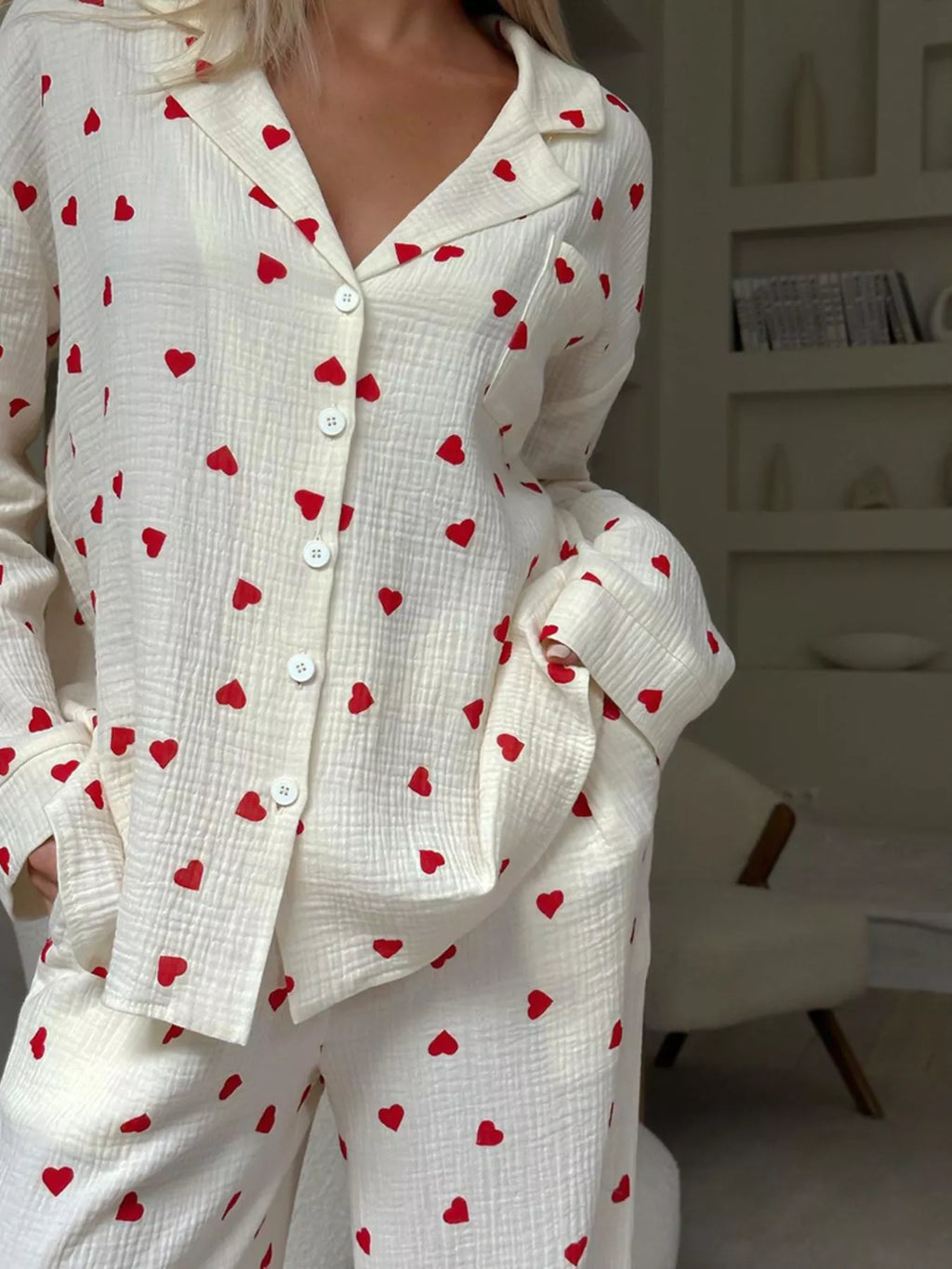 Heart Print Button Up Top and Pants Lounge Set - Lilixa.store