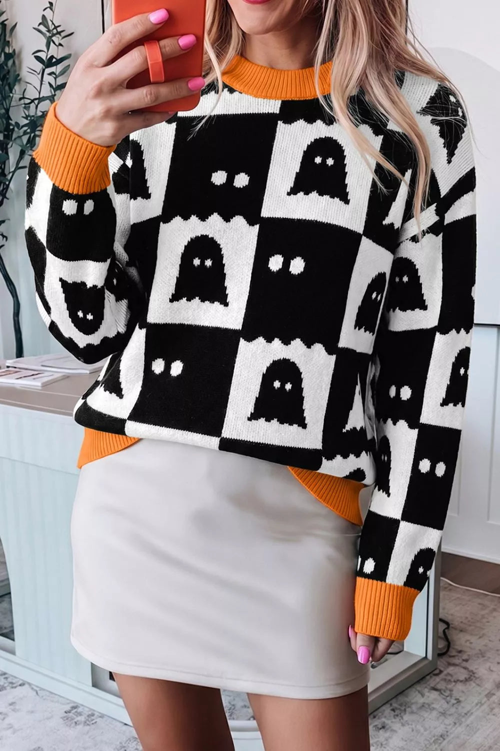 Halloween Ghost Pattern Checkerboard Sweater - Lilixa.store