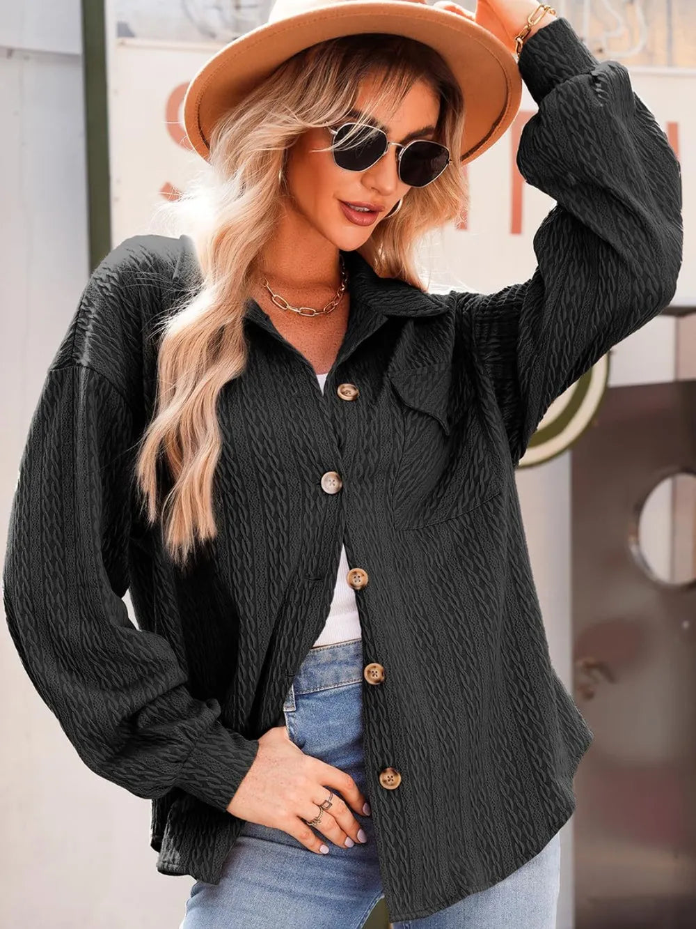 Textured Button Up Long Sleeve Shacket, view 9