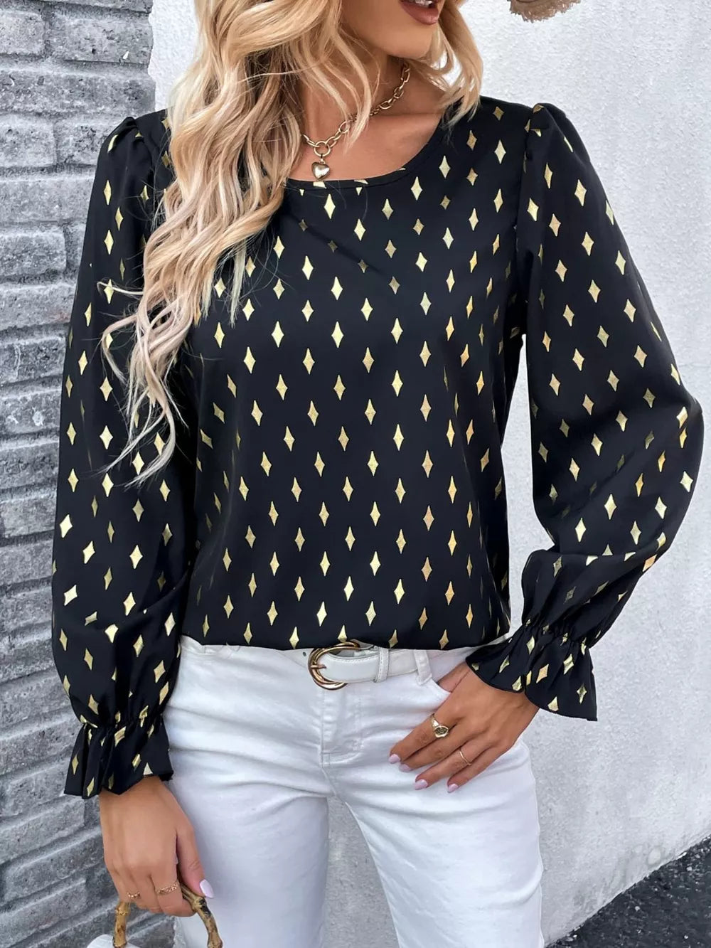 Perfee Printed Round Neck Flounce Sleeve Blouse - Lilixa.store
