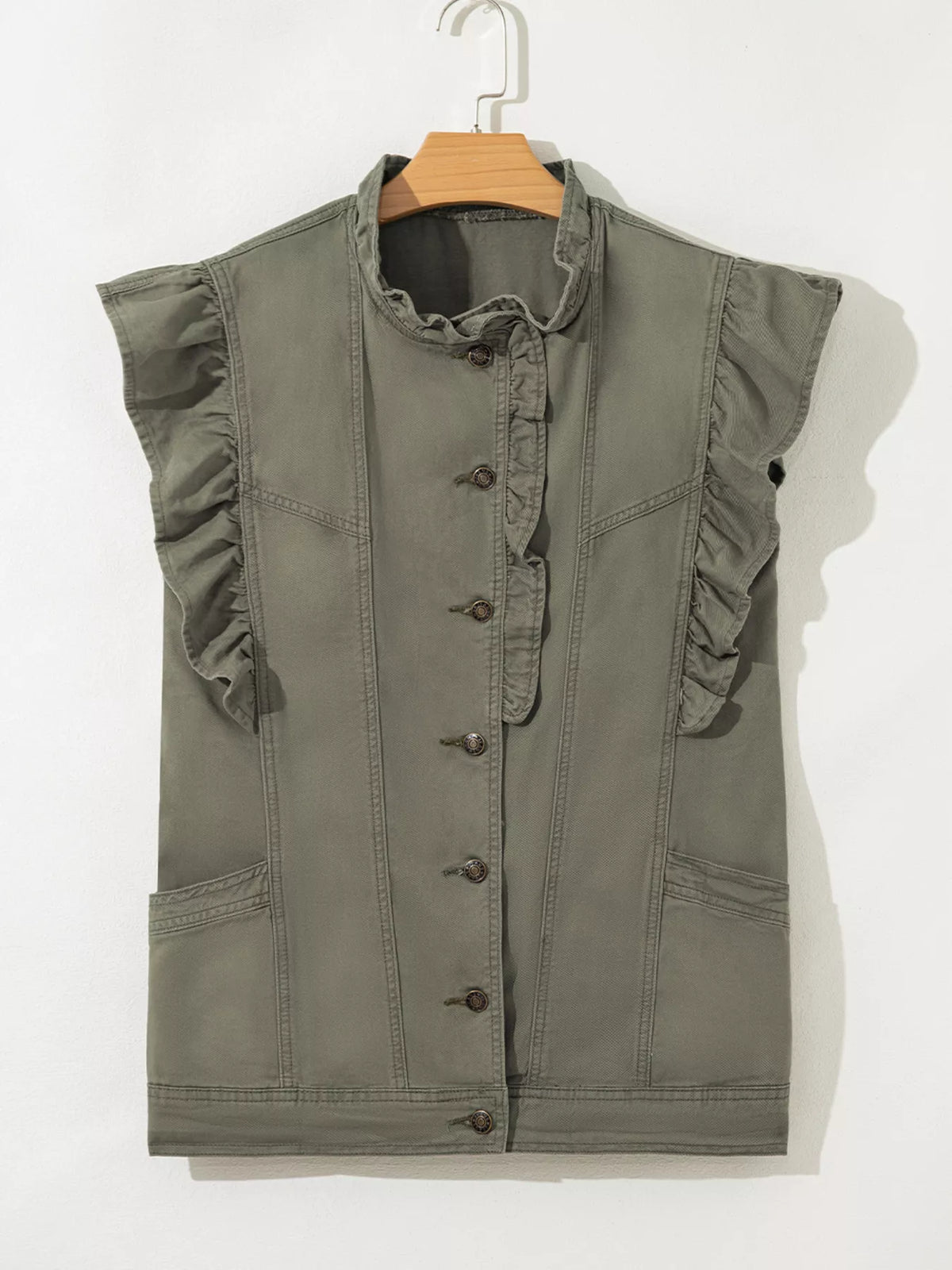 Ruffled Patchwork Denim Jacket Vest in Army Green, view 5