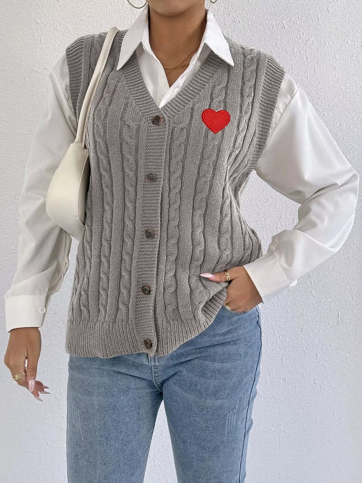V-Neck Cable Knit Button-Down Sweater Vest with Heart Embroidery