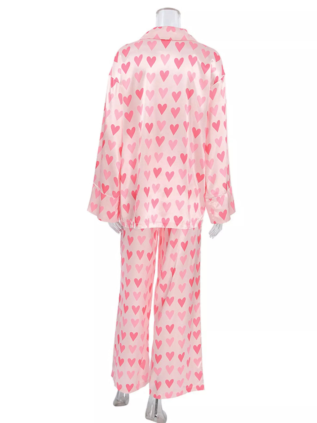 Heart Print Button Up Top and Pants Lounge Set - Lilixa.store