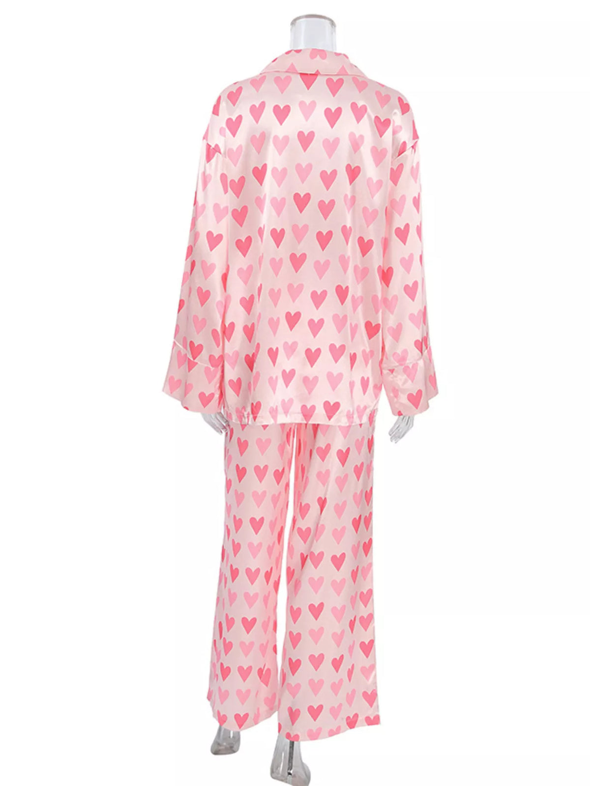 Heart Print Button Up Top and Pants Lounge Set - Lilixa.store