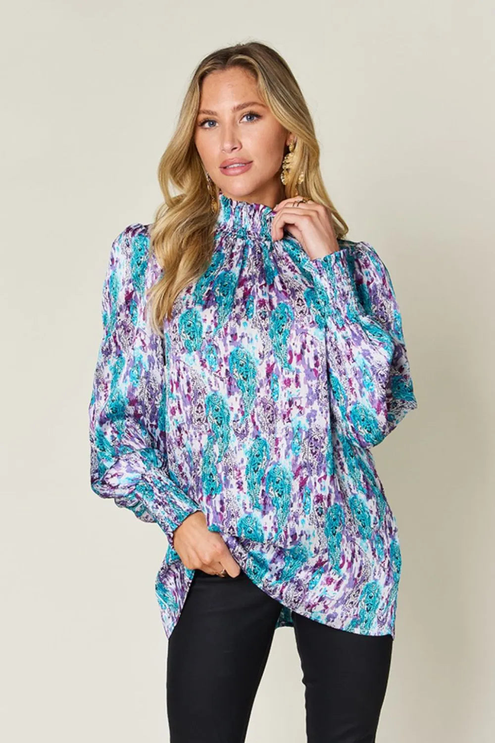 Double Take Full Size Printed Smocked Long Sleeve Blouse - Lilixa.store