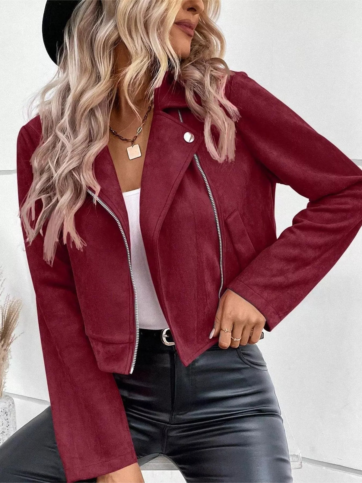 Zip Up Moto Jacket in Burgundy