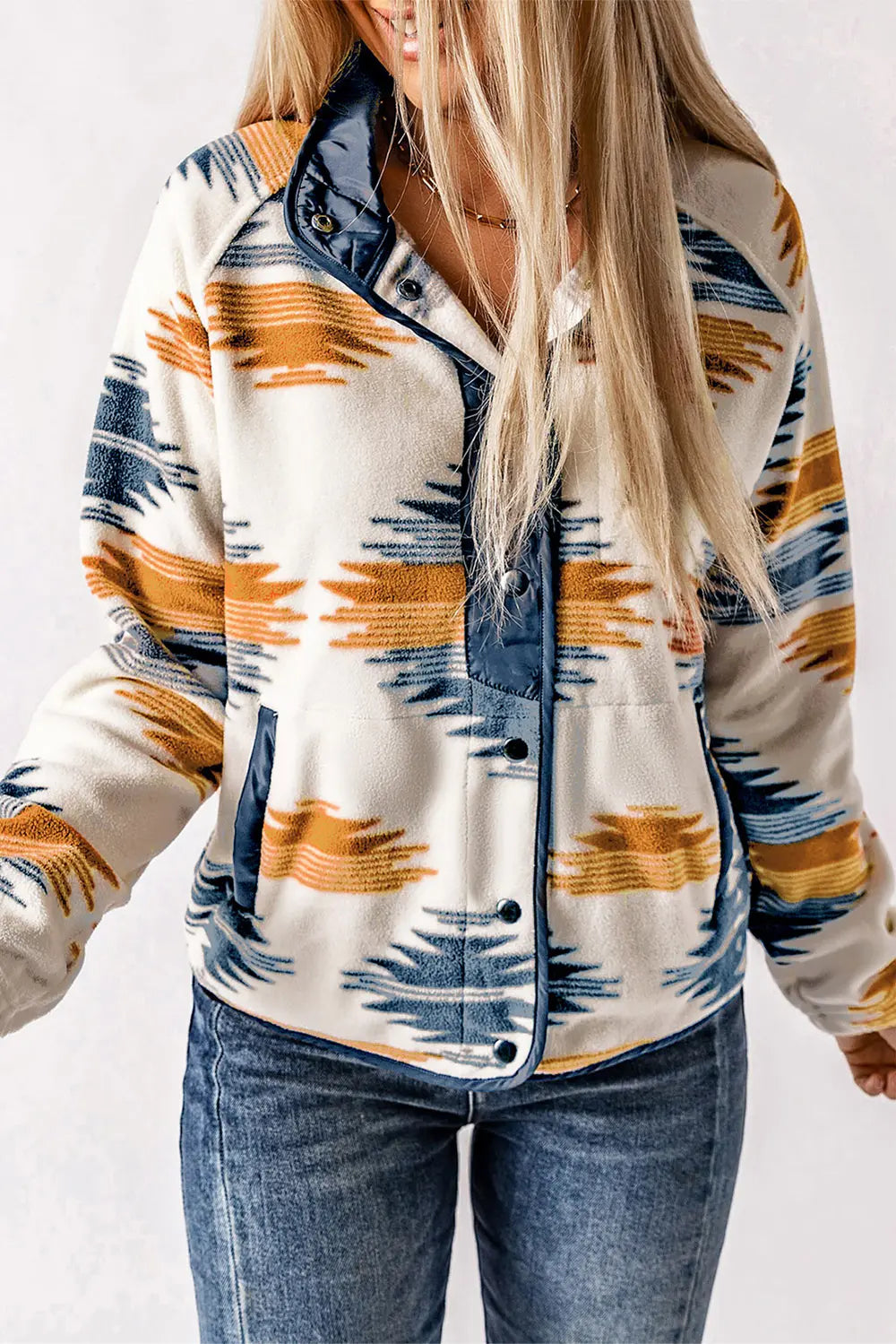 Geometric Snap Button Long Sleeve Jacket in Multicolor