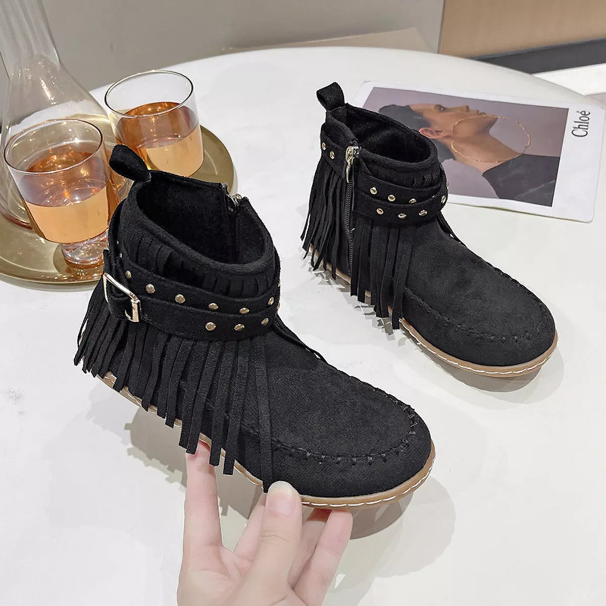 Fringe Round Toe Flats Boots - Lilixa.store