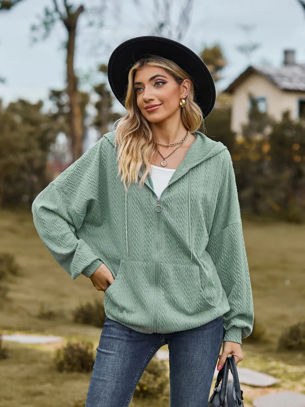 Zip Up Drawstring Long Sleeve Hooded Jacket in Sage