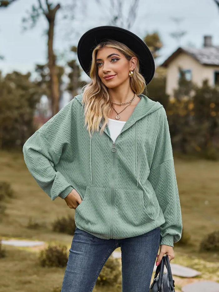 Zip Up Drawstring Long Sleeve Hooded Jacket in Sage