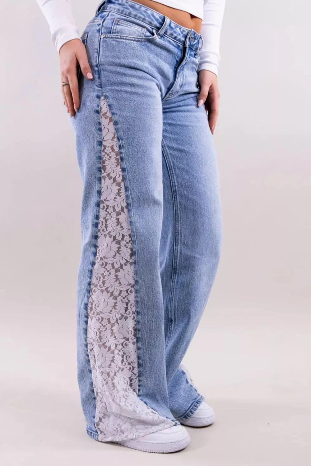 Lace-Paneled Wide-Leg Jeans - Lilixa.store