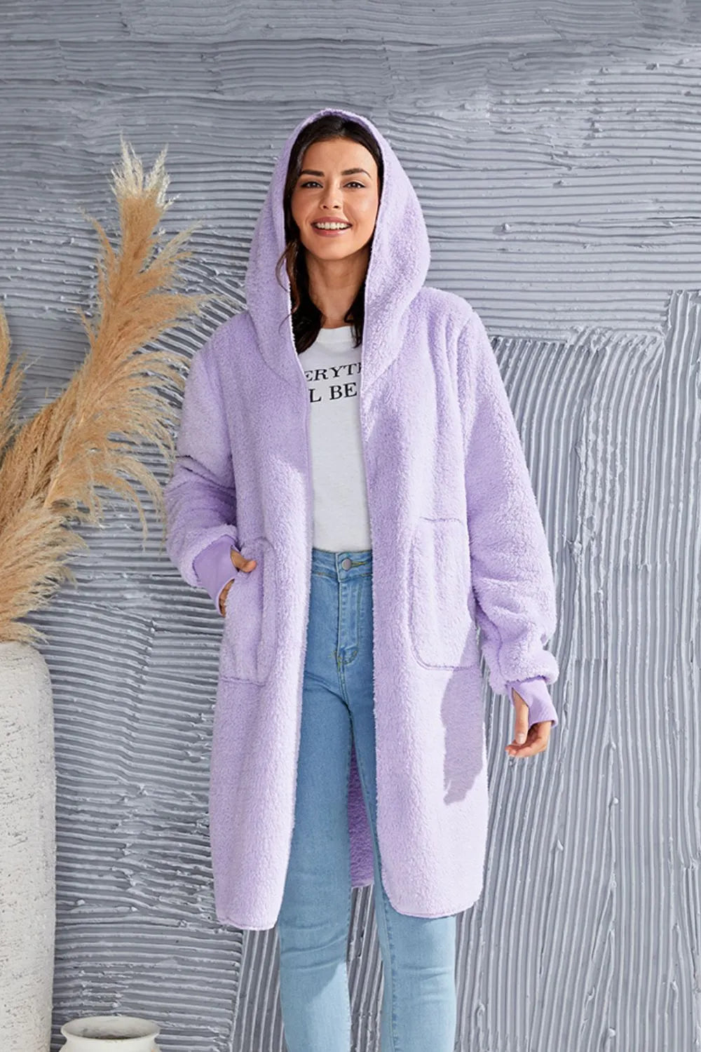 Double Take Full Size Hooded Teddy Bear Jacket with Thumbholes - Lilixa.store