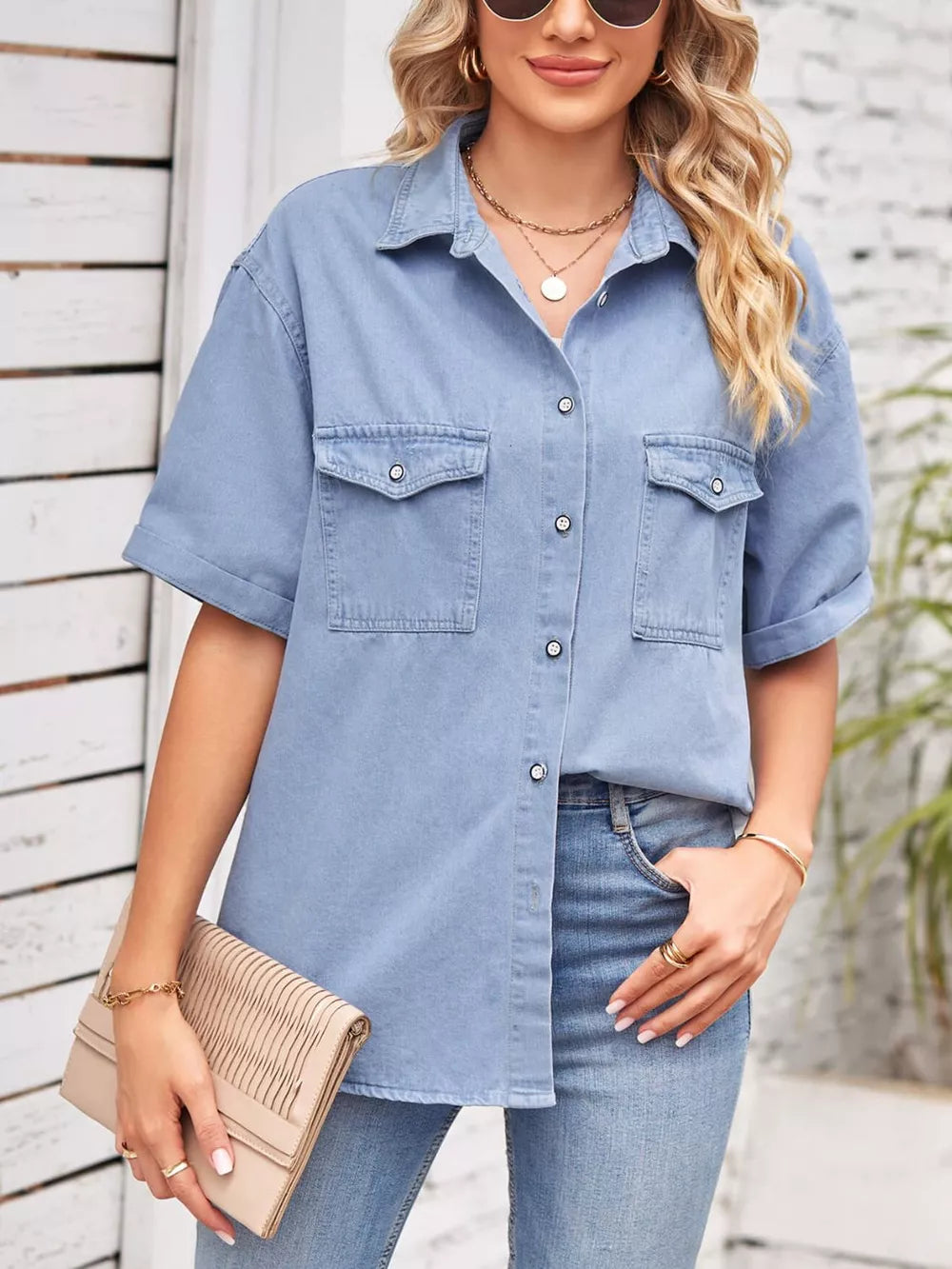 Collared Neck Short Sleeve Denim Jacket, view 6